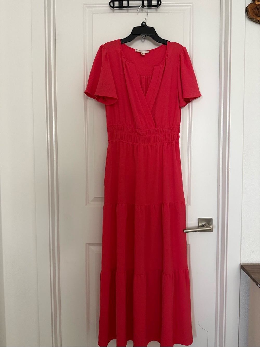 Bright Red V-Neck Tiered Maxi Dress with Smocked Waist